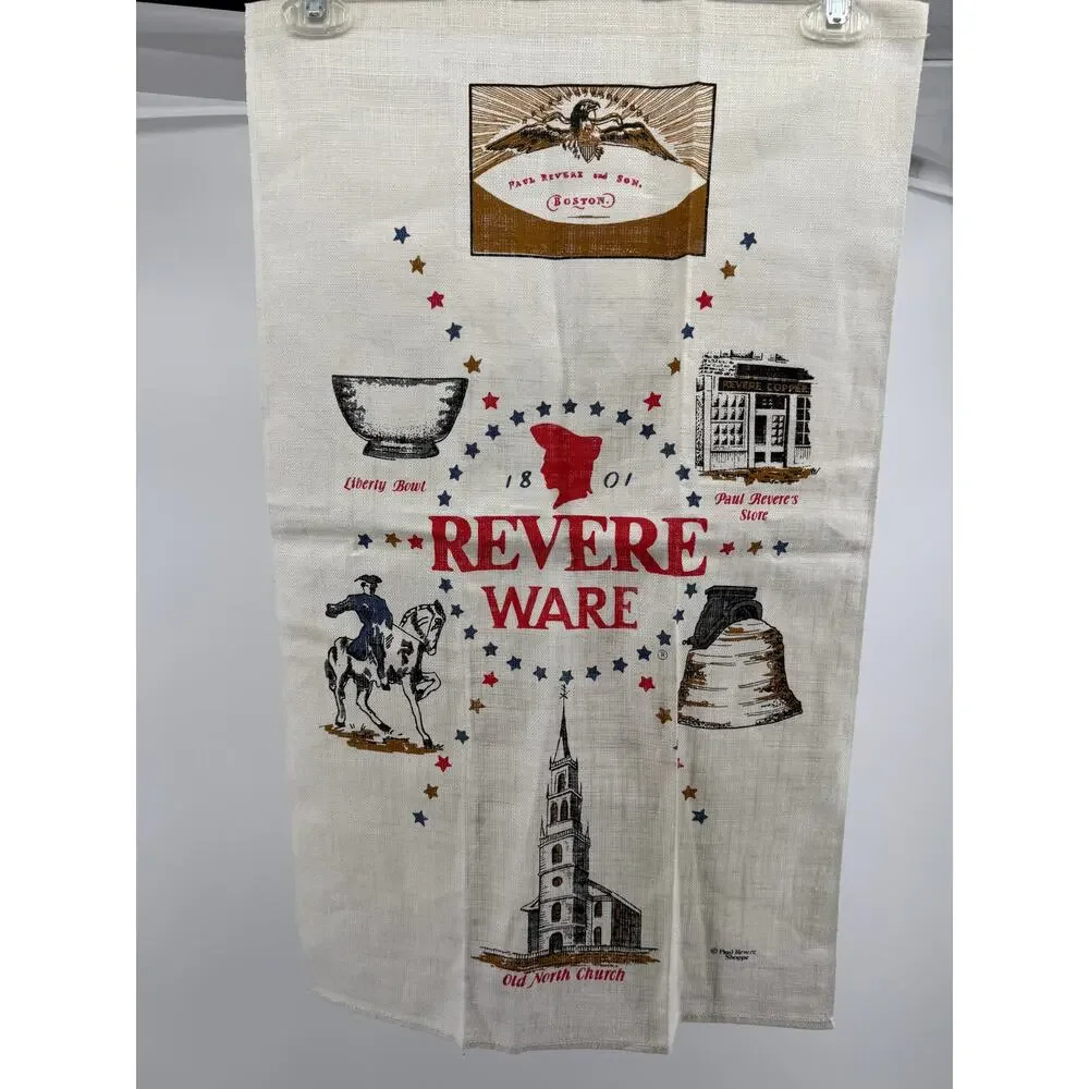 Vintage Revere Ware Boston Tea Towel Paul Revere Americana Linen 26 x 16